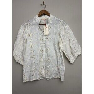 Solitare Blouse Top Womens Size Small Eyelet Embroidered White Short Sleeve